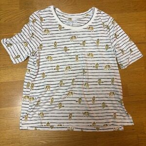 NEW Chico’s Cotton Slub Leopard Lines Preppy Coastal Resortwear Rib Mix Tee 2/L